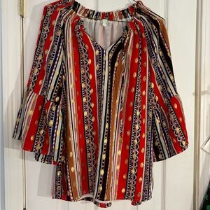 Jade women’s blouse top shirt size Large key hole polyester flutter 3/4 sleeve